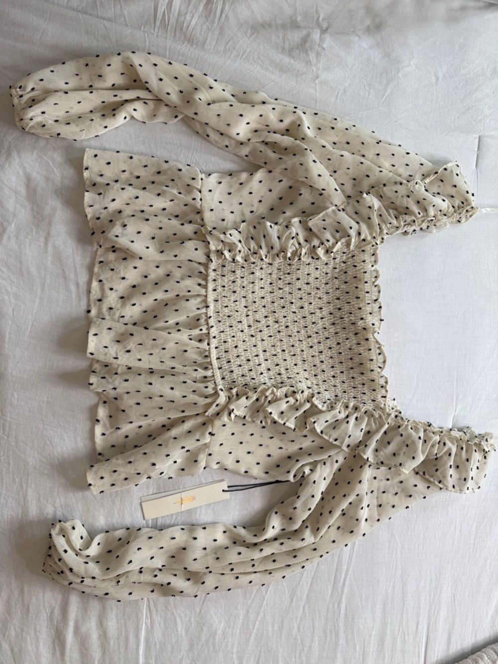 june & hudson White Smocked Peplum Blouse with Black Dot Print Plus size 1X - Picture 10 of 13